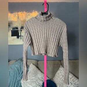Zara Ribbed Cropped Turtleneck Sweater Taupe Lettuce Hem Size Medium
